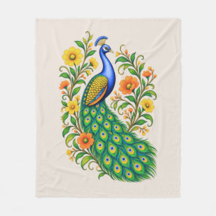 Jewel Toned Art Nouveau Peacock on Beige Fleece Blanket