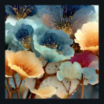 Jewel-Toned Bioluminescent Floral Explosion Poster<br><div class="desc">Oversized, translucent petals in deep navy, electric turquoise, aqua, peach, burnt orange, and rich magenta overlap in a radiant, almost glowing floral cluster. Fine veining, subtle cellular texture, and sparkling clusters of golden stamens create luminous depth and hypnotic movement across thin organic stems. The rich, saturated palette and dreamlike scale...</div>