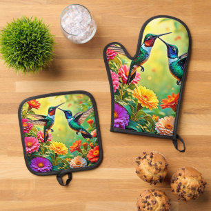 Jewel-Toned Hummingbird Magic Design Oven Mitt & Pot Holder Set