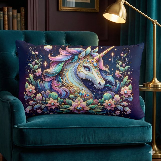 Jewel Toned Unicorn Floral Fantasy Lumbar Cushion (Jewel Toned Unicorn Floral Fantasy Lumbar Pillow Mockup A)