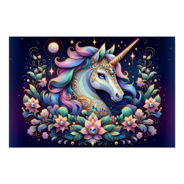 Jewel Toned Unicorn Floral Fantasy Poster (Front)
