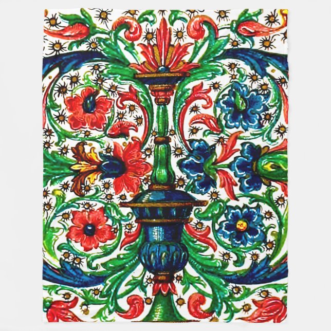 Jewel Tones Mediaeval Manuscript Flowers Scrolls Fleece Blanket (Front)