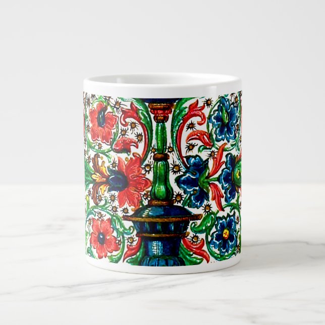 Jewel Tones Mediaeval Manuscript Flowers Scrolls Large Coffee Mug (Front)