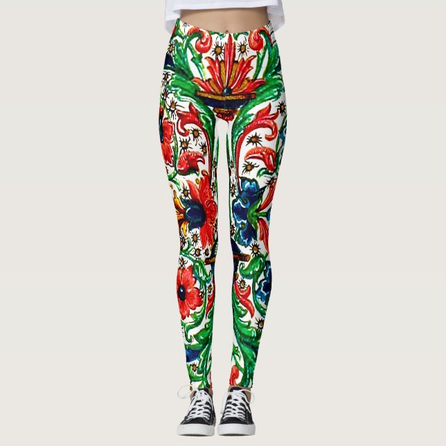 Jewel Tones Mediaeval Manuscript Flowers Scrolls Leggings (Front)