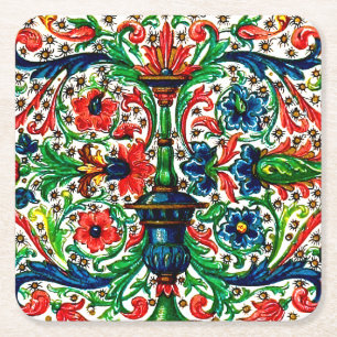 Jewel Tones Mediaeval Manuscript Flowers Scrolls Square Paper Coaster