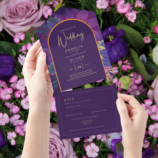 Jewel Tones Plum Purple Berry Gold Wedding All In One Invitation (Creator Uploaded)