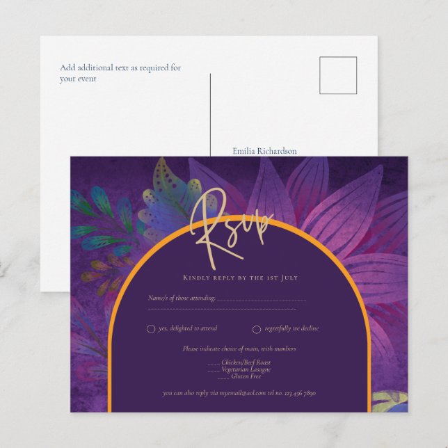Jewel Tones Plum Purple Berry Gold Wedding Postcard (Front/Back)