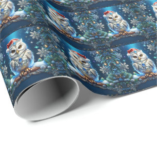 Jeweled Owl with Santa Hat Holiday Wrapping Paper