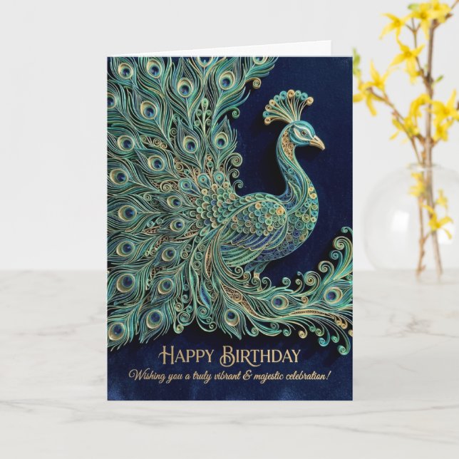 Jeweled Peacock Feathers Happy Birthday Card (Yellow Flower)