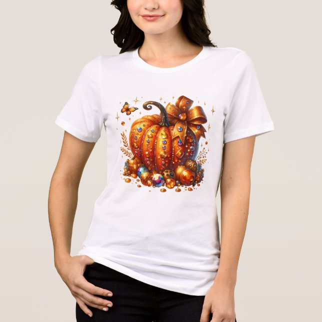 Jeweled Pumpkin With Gems and Bow Art T-Shirt Tri-Blend Shirt (Front)