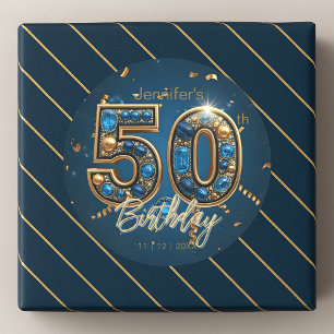 Jeweled Sapphire Blue and Gold 50th Birthday  Classic Round Sticker