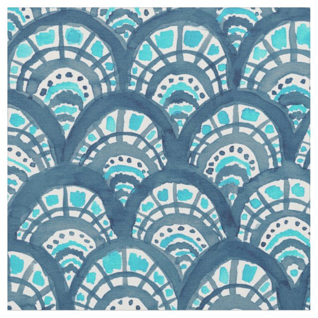JEWELED SCALES Navy Mermaid Fish Pattern Fabric (Close Up)