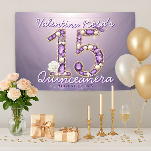 Jewelled Amethyst & Pearl White Rose Quinceañera  Banner