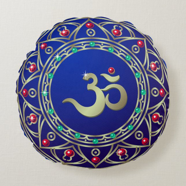 Jewelled Blue Om Ceramic Round Cushion (Front)