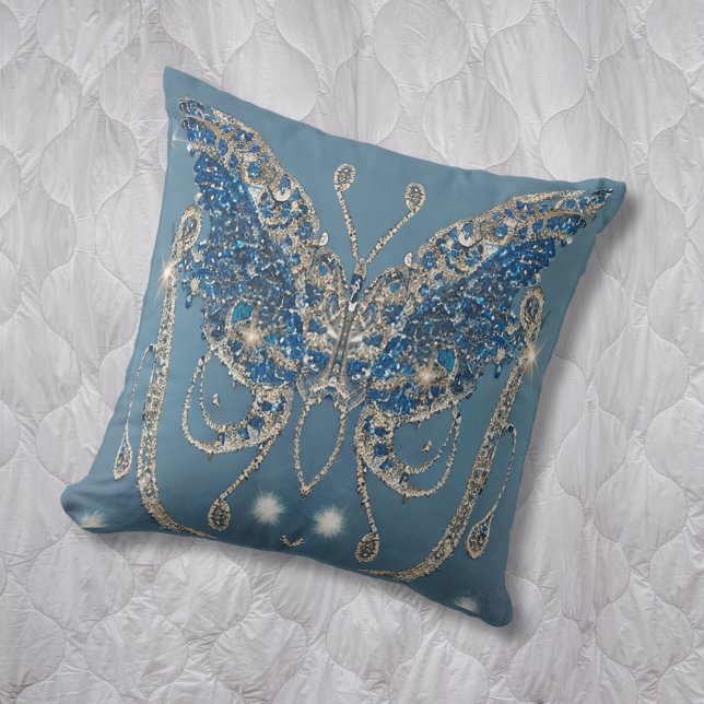 Jewelled Butterfly,Blue,Silver,Bling Cushion (luxurious look and feel)
