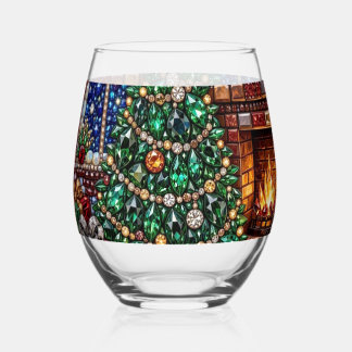 Jewelled Christmas Tree Fireplace Gemstone Scene Stemless Wine Glass