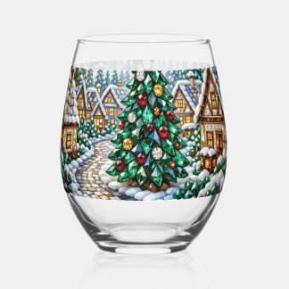 Jewelled Christmas Village Emerald Tree Crystal Stemless Wine Glass