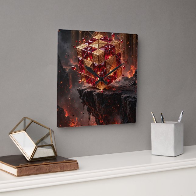 Jewelled Cube on the Volcanic Precipice Square Wall Clock (Office)