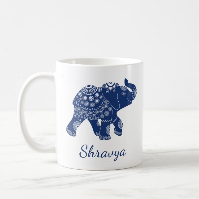 Jewelled Elephant Royal Blue Personalised Coffee Mug (Left)