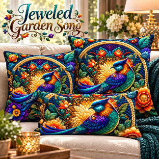 Jewelled Garden Song Quilted Bird Throw Pillow