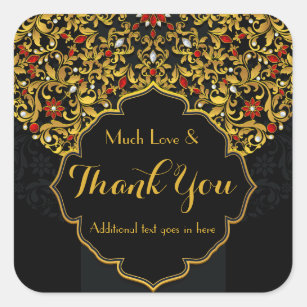 Jewelled Gold Red Black Floral Custom Thank You Square Sticker