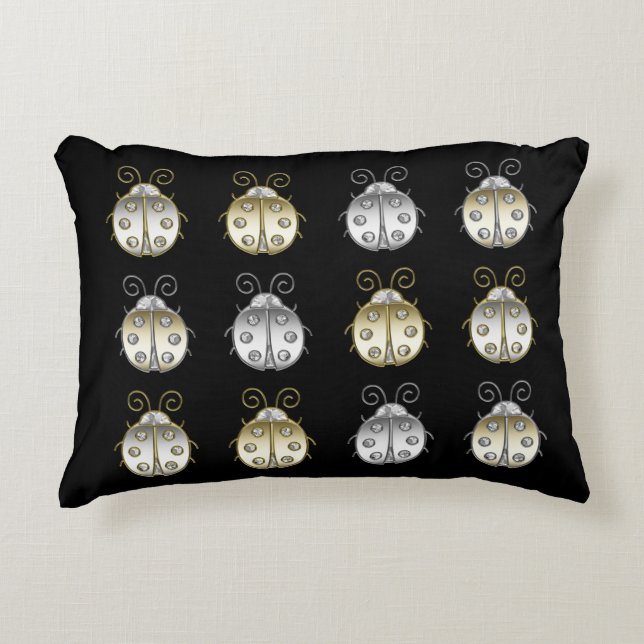 Jewelled Ladybugs Gold Silver Diamond Decorative Cushion (Front)