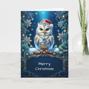 Jewelled Owl with Santa Hat Holiday Card
