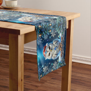 Jewelled Owl with Santa Hat Holiday Table Runner
