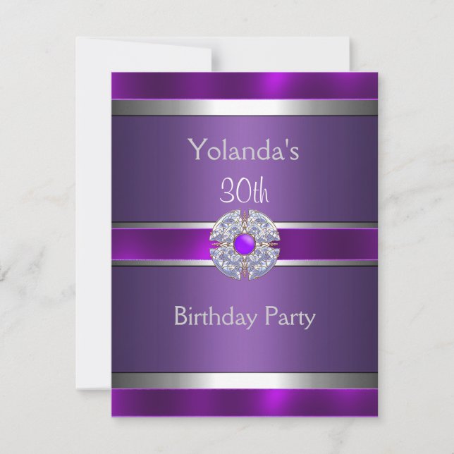Jewelled Purple Silver Trim 30th Birthday Party 3 Invitation (Front)