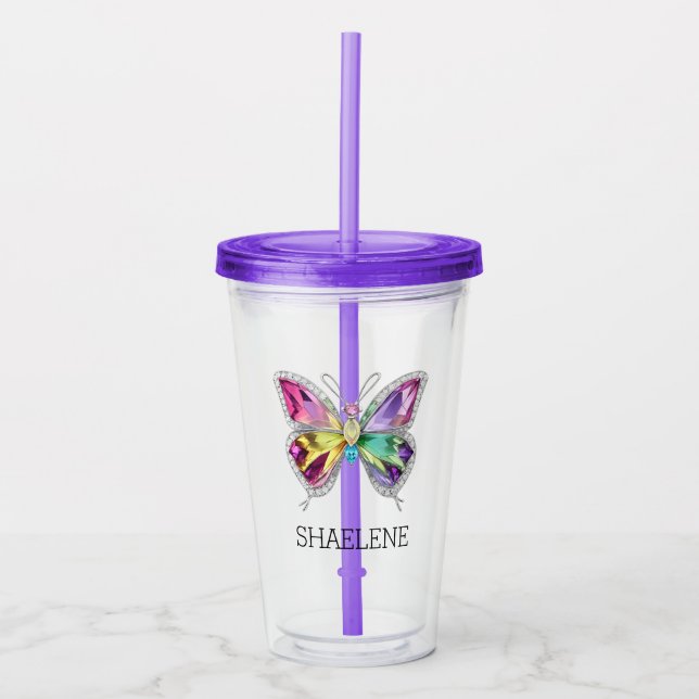 Jewelled Rainbow Crystal Butterfly Acrylic Tumbler (Front)