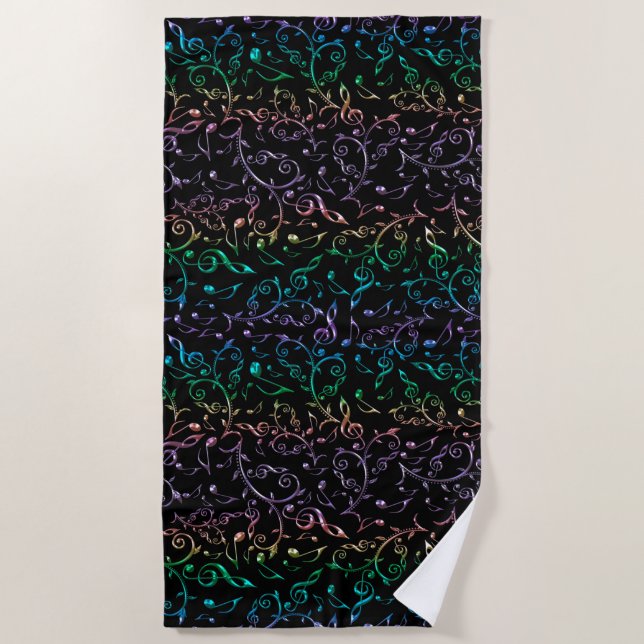 Jewelled Rainbow Music Notes Pattern Beach Towel (Front)