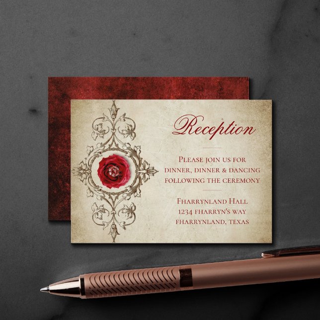 Jewelled Rose | Vintage Grunge Crimson Reception Enclosure Card (Creator Uploaded)