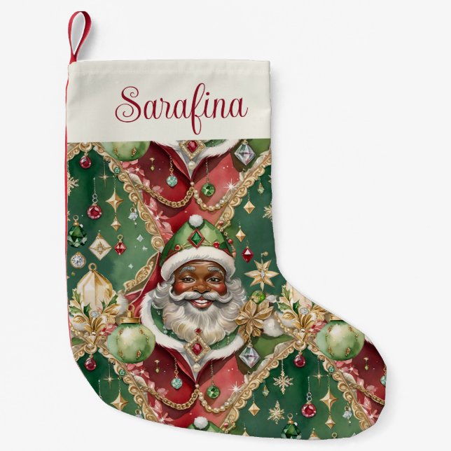 Jewelled Santa African American Christmas Small Christmas Stocking (Front)