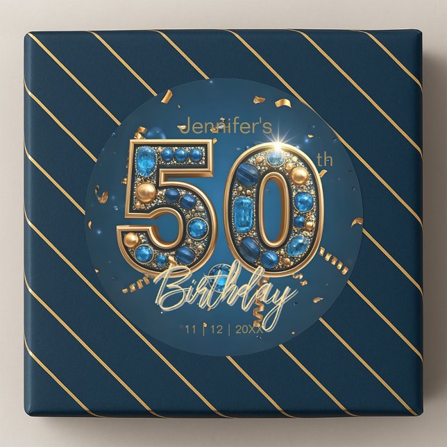 Jewelled Sapphire Blue and Gold 50th Birthday  Classic Round Sticker (Creator Uploaded)