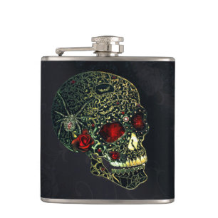 Jewelled Spider Skull & Roses Glam Gothic Filigree Hip Flask