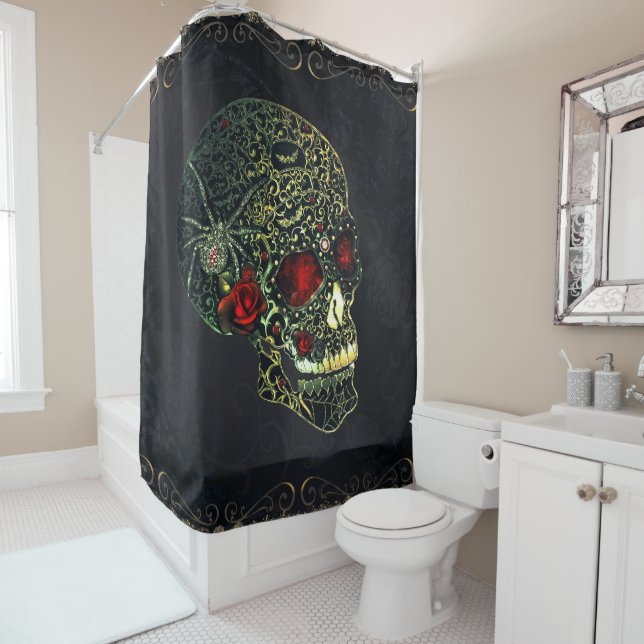 Jewelled Spider Skull & Roses Glam Gothic Filigree Shower Curtain (In Situ)