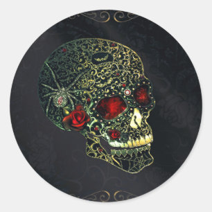 Jewelled Spider Skull & Roses Glam Gothic Party Classic Round Sticker