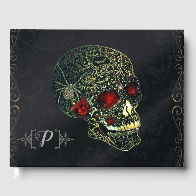 Jewelled Spider Skull & Roses Glam Gothic Party Guest Book (Front)