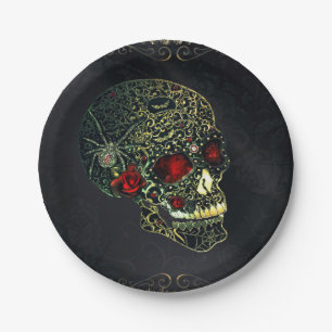 Jewelled Spider Skull & Roses Glam Gothic Party Paper Plate
