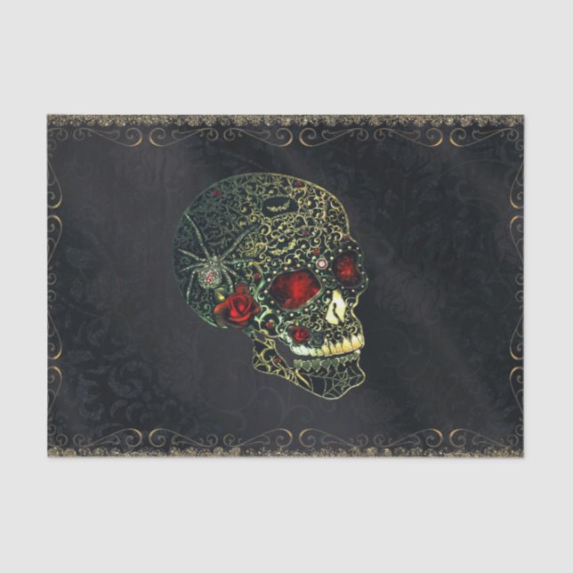 Jewelled Spider Skull & Roses Glam Gothic Party Tissue Paper (Front)