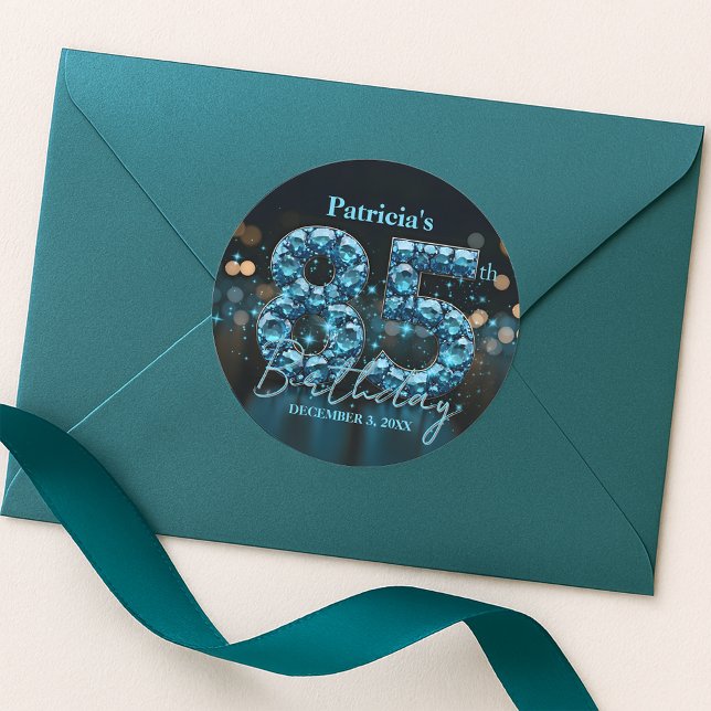 Jewelled Teal and Black 85th Birthday Celebration Classic Round Sticker (Creator Uploaded)