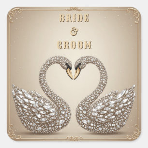 Jewelled Wedding Swan Heart Symbol Square Sticker