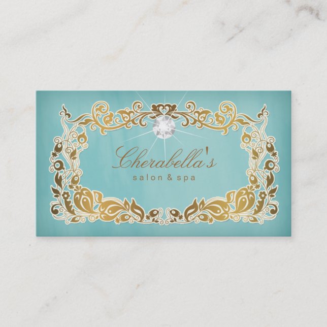 Jewellery Business Card Floral Blue Gold Frame (Front)