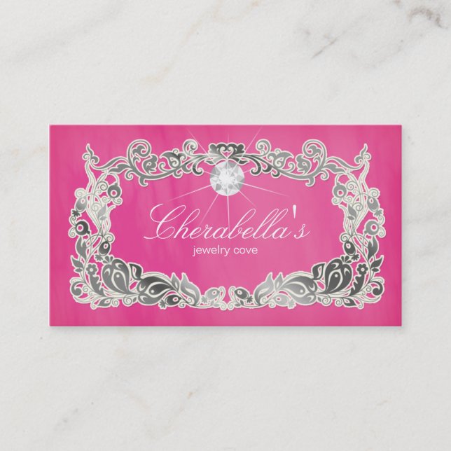 Jewellery Business Card Floral Pink Silver Diamond (Front)