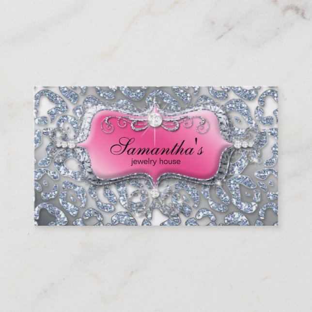 Jewellery Business Card Zebra Pink Silver Glitter (Front)