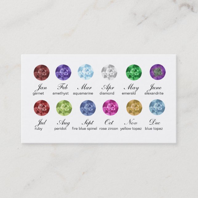 Jewellery Business Cards Birthstones Damask BW (Front)