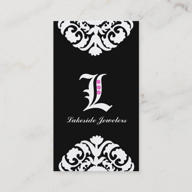 Jewellery Business Cards Damask Monogram Black 2 (Front)
