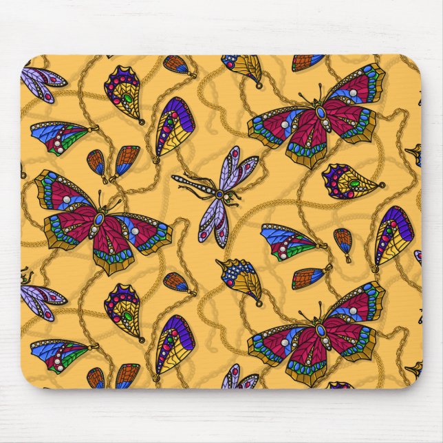 Jewellery butterflies and dragonflies on yellow mouse pad (Front)