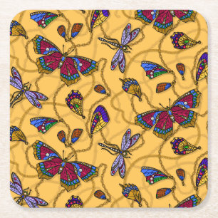 Jewellery butterflies and dragonflies on yellow square paper coaster