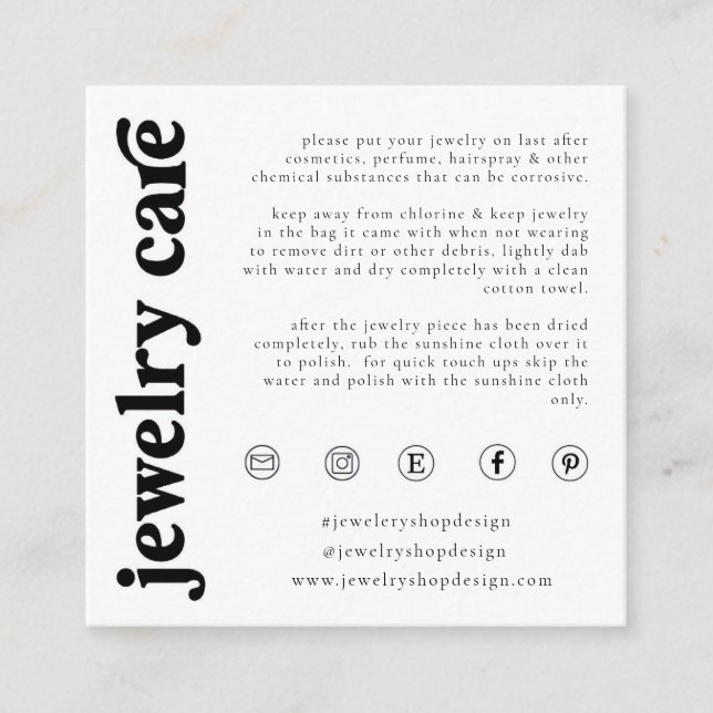 Jewellery Care Card, Order Insert, Small Business Enclosure Card (Front)